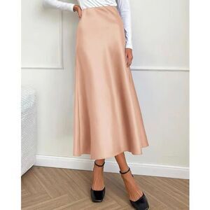 Champagne Pink Satin Midi Skirt